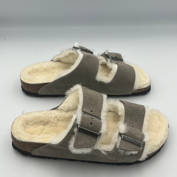 NWOB Birkenstock Arizona Shearling Sandals Gray Unisex Size W8 M6 - Picture 2 of 8